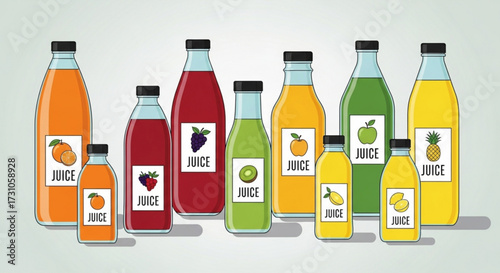 Assorted fruit juice bottles with different flavors and sizes arranged on a surface in a row display