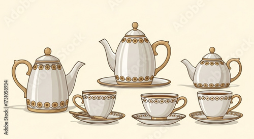 Illustration of three teapots and three cups with saucers arranged on a light beige background color