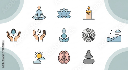 Illustration showing various elements related to wellness and mindfulness practice and relaxation