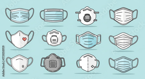 Collection of twelve different styles of face masks for protection against viruses and air pollution shown here