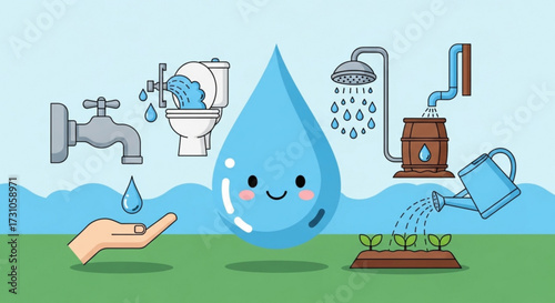 Illustration showing water usage with a large water drop character and various water applications around
