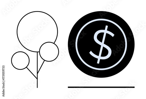 Minimal design featuring a tree outline with three circular leaves and a bold black coin with a dollar sign. Ideal for sustainability, finance, investment, environmental balance, eco-economy