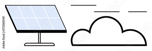 Solar panel harnessing sunlight with a cloud in a clean minimal style. Ideal for energy, green tech, sustainability, climate, environment, renewable power, simple flat metaphor