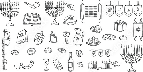 Hanukkah hand drawn doodle design elements isolated on white background.