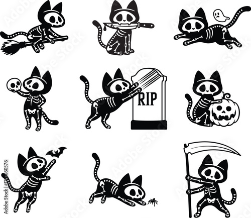 Spooky and Cute Halloween Skeleton Cats.
