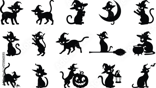 Halloween Cats in Witch Hats Collection. Vector illustration.