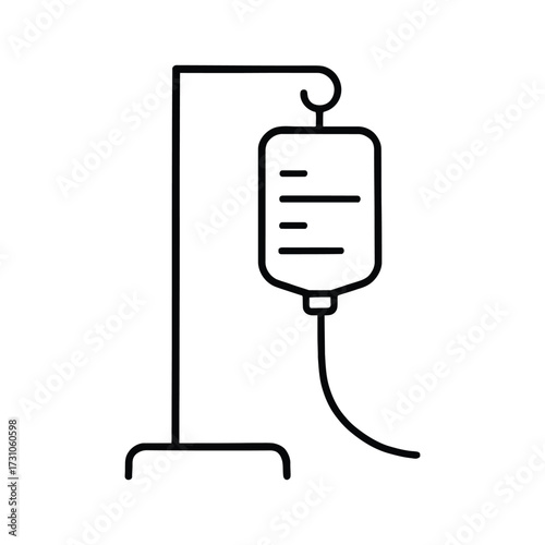 Simple black and white line art icon of an iv drip bag on a stand.