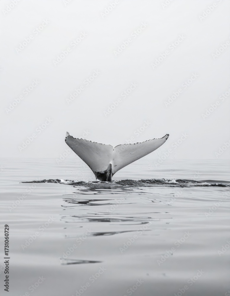 Fototapeta premium Whale's tail rising from calm ocean, grayscale