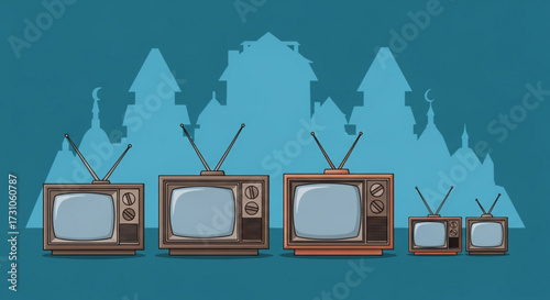 Illustration of various sized retro televisions lined up against a skyline silhouette background art design