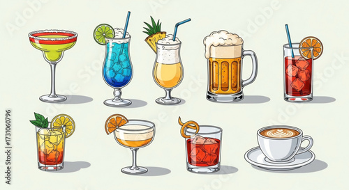 Illustration of various alcoholic and non alcoholic beverages including cocktails beer and coffee drinks