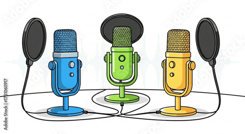 Illustration of three colorful microphones with pop filters and connected cables on a white surface