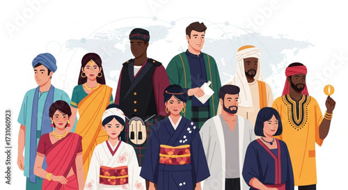Diverse group of people wearing traditional clothing from different cultures around the world depicted together