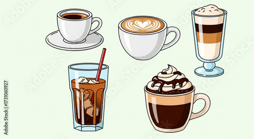 Illustration showing various coffee drinks including espresso, latte, iced coffee and mocha drink