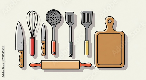 Illustration of kitchen tools including knives whisk spatulas rolling pin and cutting board on a white background
