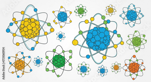 Illustration of colorful atom models with varying numbers of protons and electron orbits displayed clearly