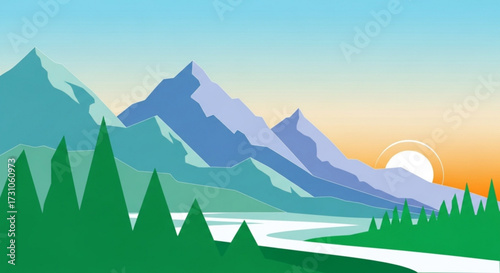 A scenic view of mountains with a river flowing through a forest under a bright sky at sunset time