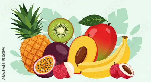 Illustration of a vibrant assortment of fruits including pineapple mango banana kiwi and lychee together
