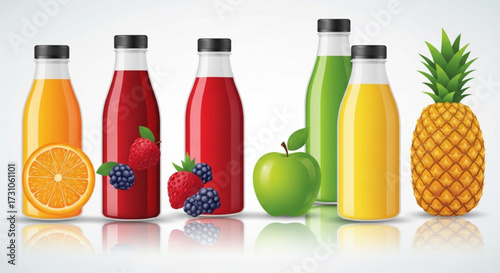 Assortment of fruit juice bottles with orange, berries, apple, and pineapple against a white background