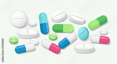 A collection of various pills and capsules in different shapes sizes and colors scattered on a white surface