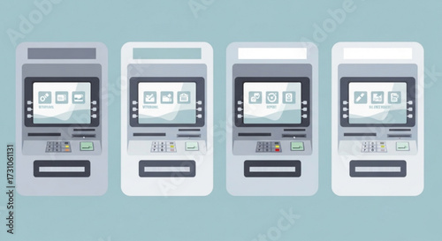 Four atm machines with different icons on the screen in a row on a light blue background showing details