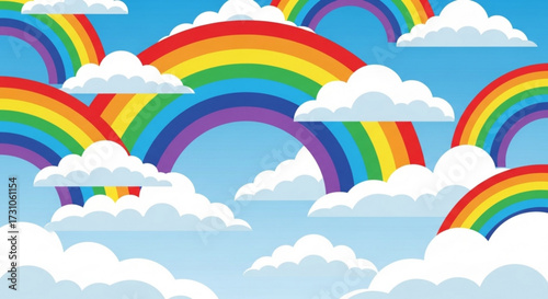 Illustration showing multiple rainbows and fluffy white clouds against a light blue sky background scene design