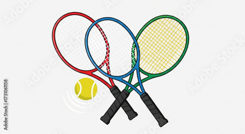 Three tennis rackets in red blue and green colors with a tennis ball on a white background design