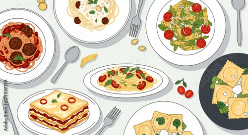 Overhead view of various pasta dishes including spaghetti, lasagna and ravioli on plates on a table