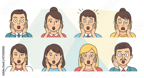 Illustration of eight cartoon characters with surprised expressions and hands on their faces in a group