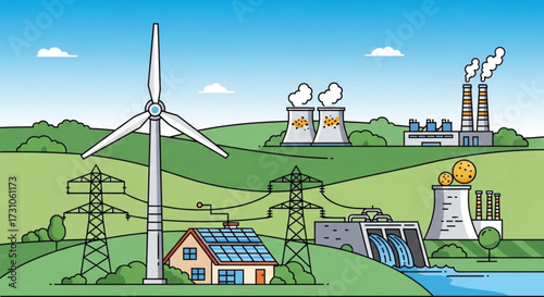 Illustration of different energy sources including wind turbine, solar panels, nuclear and hydroelectric power
