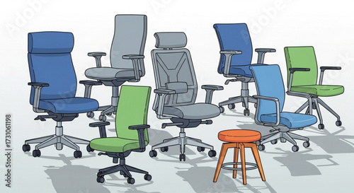 Assortment of office chairs in various colors and designs arranged on a white surface with one stool