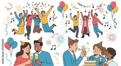 Illustration of a group of people celebrating with balloons confetti and musical notes in a festive setting