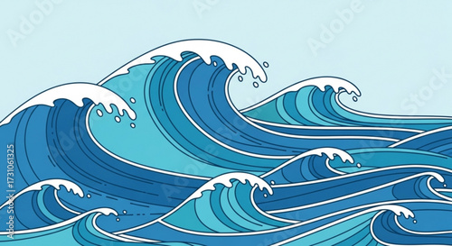 Illustration of ocean waves with white caps and blue tones against a light blue background scene view