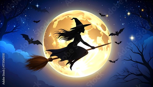 Mystical Halloween witch silhouette soaring on a broomstick against a vibrant full moon sky with stars and bats