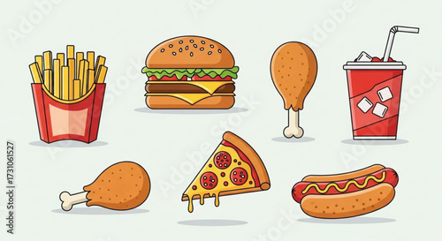 Illustration of fast food items including burger fries chicken legs pizza slice hotdog and soda in a cup
