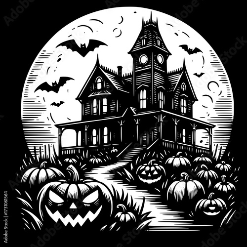 Spooky Mansion on Halloween: The image depicts a creepy mansion in the night with a full moon and bats flying above the mansion, some pumpkins carved in front of the house with a scary look.