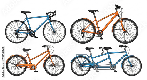 Illustration showcasing four different bicycle types including a road bike mountain bike and a tandem bicycle