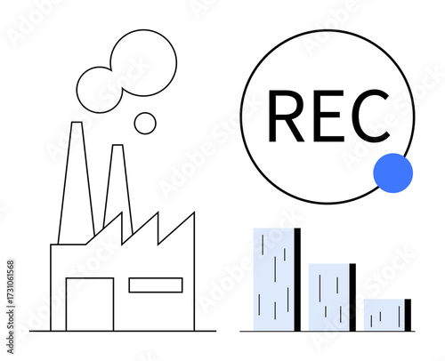 Factory with chimneys emitting smoke, REC in a circle with a blue dot, and bar graph. Ideal for industry, sustainability, energy monitoring, data analysis, manufacturing, environmental impact simple