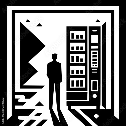 Shadowy Figure Before Vending Machine: A stark black and white illustration presents a solitary figure contemplating a vending machine.