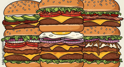 Illustration showcasing a variety of stacked burgers with different toppings and ingredients artfully drawn
