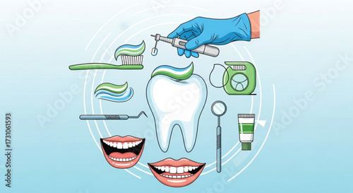 Dental care illustration featuring a tooth, toothbrush, toothpaste, floss, and dental tools on blue background