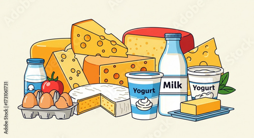 Illustration of various dairy products including cheese milk yogurt and eggs arranged together on a surface