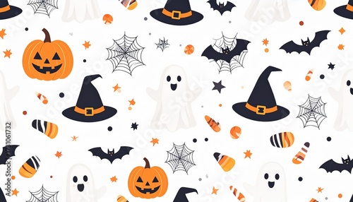 Seamless Halloween pattern with cute cartoon ghosts, pumpkins, and witch hats. Festive autumn holiday background for decoration and design