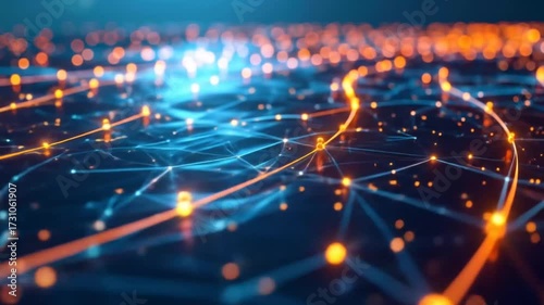 Futuristic neural network visualization with glowing connections and data flow, perfect for