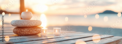 Mindfulness and yoga session at sunset by the water with candles and stones for relaxation and peace