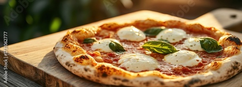 Freshly baked kam wood-fired Neapolitan pizza with charred crust and creamy mozzarella served on wooden board