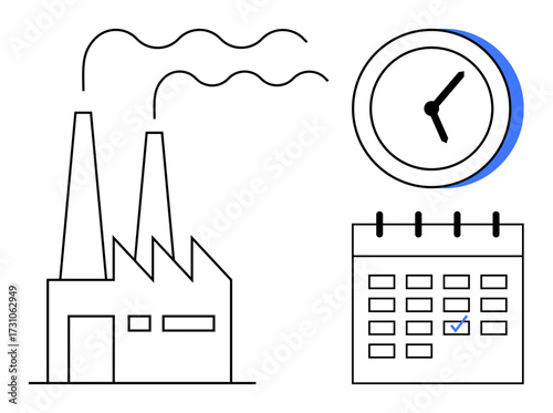Factory with chimneys, a clock, and a calendar marked with a tick. Ideal for manufacturing, time management, scheduling, productivity, deadlines planning efficiency. Clean and simple flat metaphor