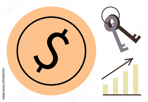Dollar coin emphasizes wealth, keys suggest ownership or investment, and bar graph represents growth. Ideal for finance, investment, real estate, wealth management, economic success, property