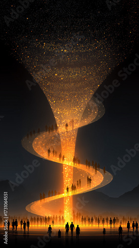 The AIDA sales funnel visualized as a glowing spiral vortex, guiding the customer journey from attention to action.