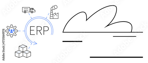ERP system connecting factory, logistics, inventory via cloud. Ideal for business management, logistics, supply chain, manufacturing, data flow optimization teamwork. Simple flat metaphor