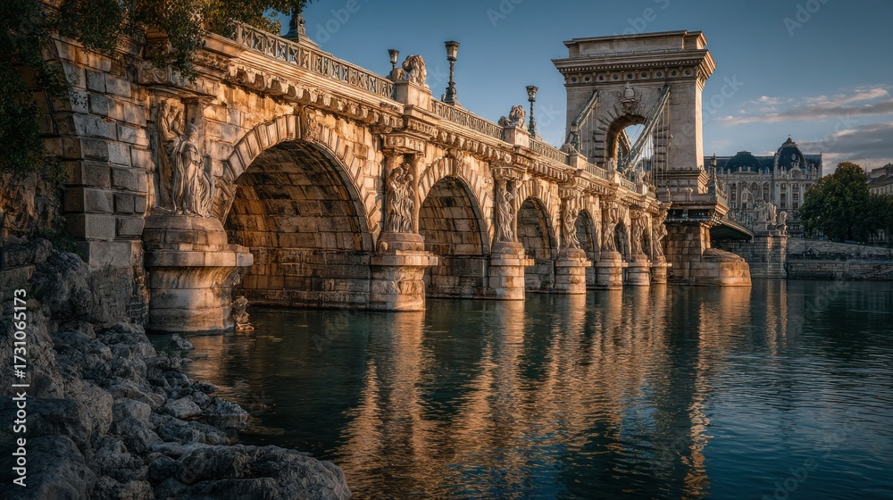Fototapeta premium Stunning View of the Historic Sz?chenyi Chain Bridge over the Danube River in Budapest